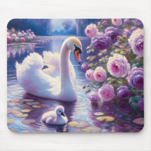 Tapis De Souris Cygnet blanc avec Roses violets (Devant)