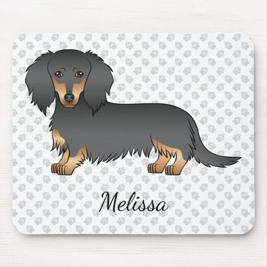 Tapis De Souris Dachshund à cheveux longs et noirs Chien et nom (Devant)