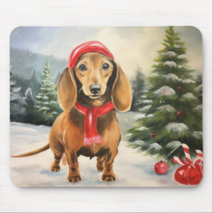 Tapis De Souris Dachshund Chien dans la neige Noël