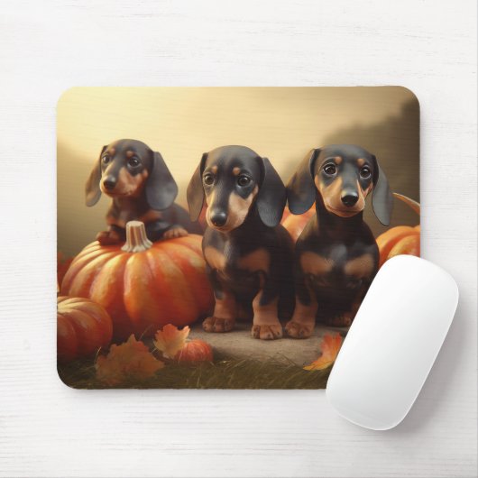 Tapis De Souris Dachshund Chiot Automne Citrouille de plaisir (Avec souris)