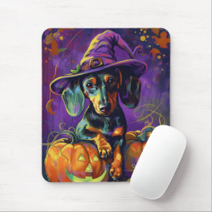 Tapis De Souris Dachshund effrayant Chien Halloween Sorcière et Ci