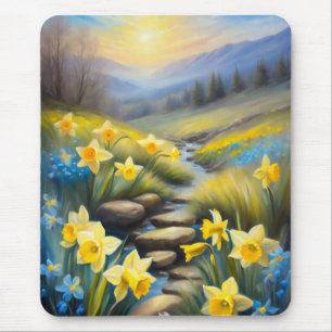 Tapis De Souris Daffodils de printemps Montagnes fumées Fleur sauv