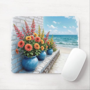 Tapis De Souris Dahlias de plage à l'aquarelle dans des pots bleus