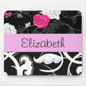 Tapis De Souris Damas, Fleurs, Noir et Blanc, Votre nom (Devant)