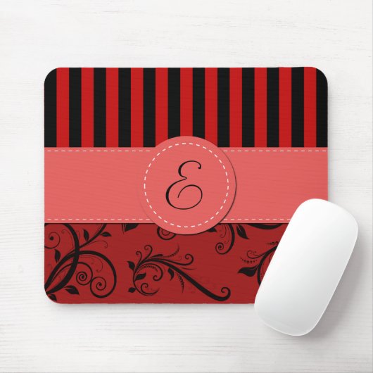 Tapis De Souris Damas Rouges, Rayures Rouges, Rayures, Monogramme (Avec souris)