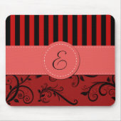 Tapis De Souris Damas Rouges, Rayures Rouges, Rayures, Monogramme (Devant)