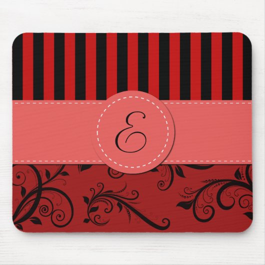 Tapis De Souris Damas Rouges, Rayures Rouges, Rayures, Monogramme (Devant)