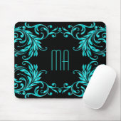 Tapis De Souris Damassé de bleu d'Aqua de monogramme (Avec souris)