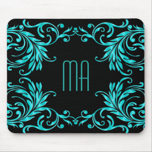 Tapis De Souris Damassé de bleu d'Aqua de monogramme