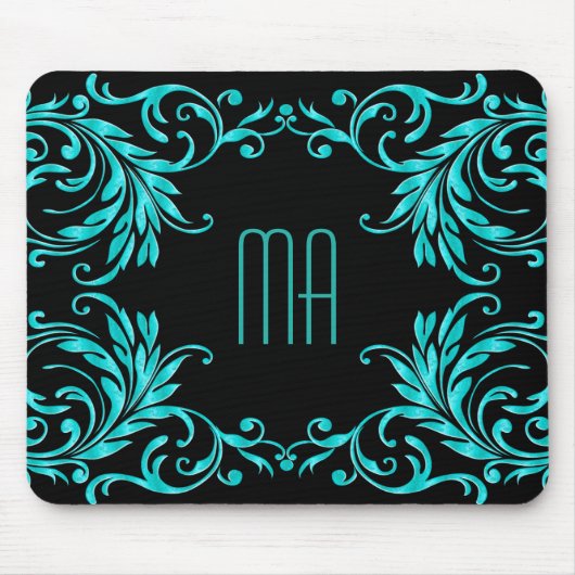 Tapis De Souris Damassé de bleu d'Aqua de monogramme (Devant)