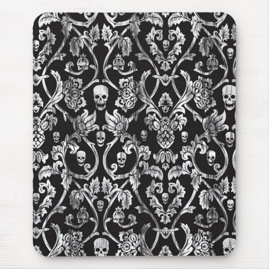 Tapis De Souris Damassé de crâne en noir et blanc. (Devant)
