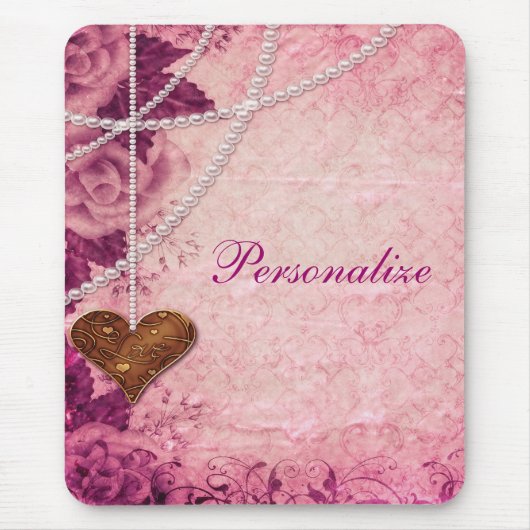 Tapis De Souris Damassé, perles, coeur et roses roses Mousepad (Devant)