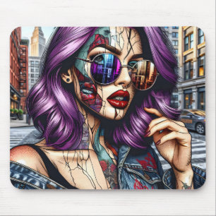 Tapis De Souris Dame Abstraite Colorée et Jolie avec Cheveux Viole
