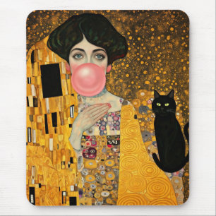 Tapis De Souris Dame de la gomme à bulle rose avec chat noir Gusta