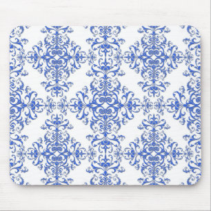 Tapis De Souris Damier floral élégant bleu cobalt et blanc