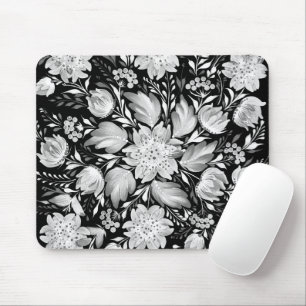 Tapis de souris d'art folklorique noir et blanc mo