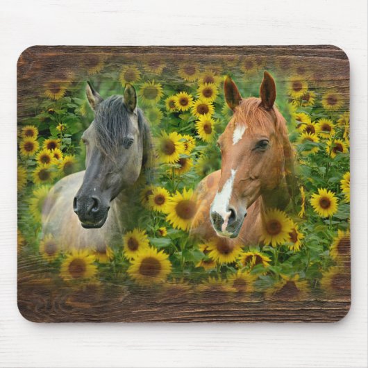 Tapis De Souris De beaux chevaux dans le champ de tournesols (Devant)