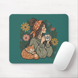 Tapis de souris de bureau Chat & Café Cottagecore 