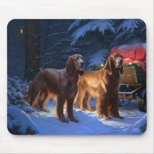Tapis De Souris Décor de Noël au traîneau enneigé Setter Rouge Irl