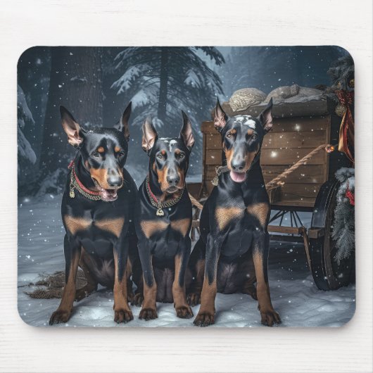 Tapis De Souris Décor de Noël Doberman Snowy Sleigh (Devant)