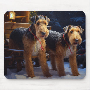 Tapis De Souris Décoration de Noël Traîneau enneigé d'Airedale