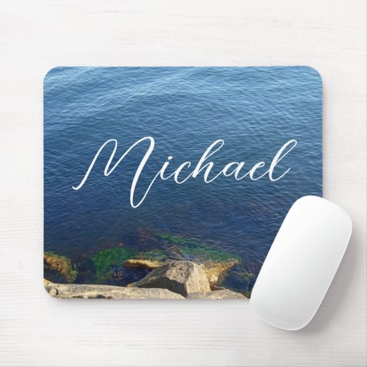 Tapis De Souris Deep Blue Ocean Photo Nom personnalisé Flowy Lettr (Avec souris)