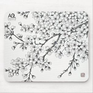 Tapis De Souris Délicat art en fleurs de cerises en monochrome
