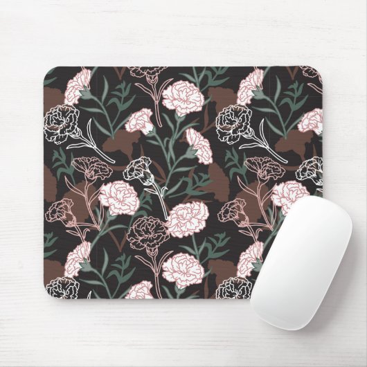 Tapis De Souris Délicates oeillets roses avec fleurs Feuilles vert (Avec souris)