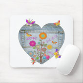 Tapis De Souris Denim Pocket Fleurs cardiaques Papillons (Avec souris)