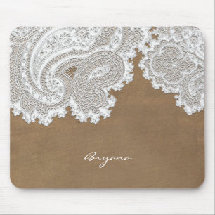Tapis De Souris Dentelle blanche et marron rustique chic élégant p