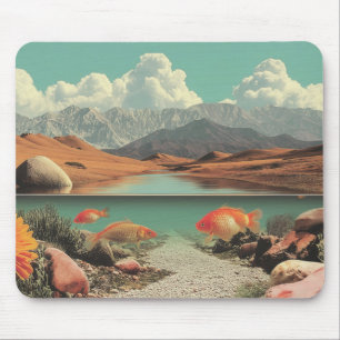 Tapis De Souris Désert et lac surréalistes avec poissons rouges