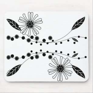 Tapis De Souris Dessin floral noir et blanc fluide
