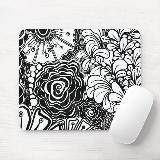 Tapis De Souris Dessin Floral Zen Noir Et Blanc (Avec souris)