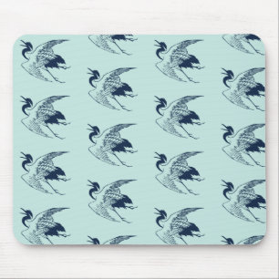 Tapis De Souris Dessin japonais vintage d'une grue, bleu