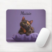 Tapis De Souris Dessin Tortoiseshell Kitten sur coussin pourpre (Avec souris)