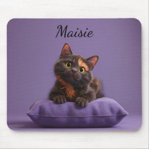 Tapis De Souris Dessin Tortoiseshell Kitten sur coussin pourpre