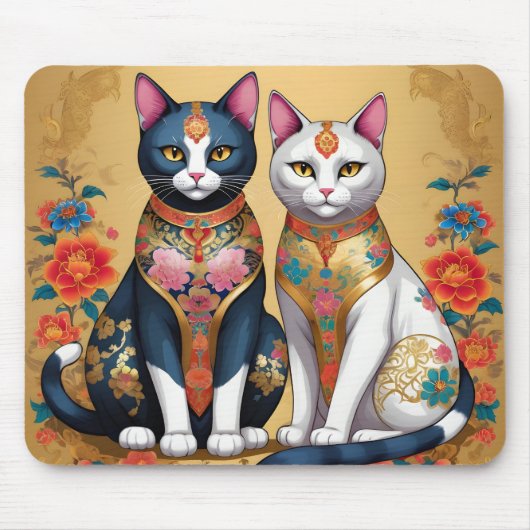 Tapis De Souris Deux chats fleuris décoratifs (Devant)
