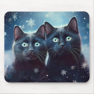 Tapis De Souris Deux chats noirs sous la neige