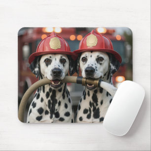 Tapis De Souris Deux chiens dalmates tenant un tuyau d'incendie