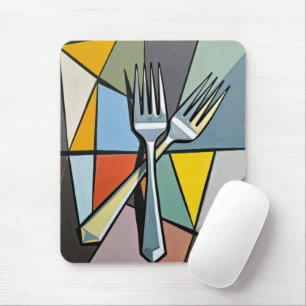 Tapis De Souris Deux fourchettes sur fond abstrait géométrique