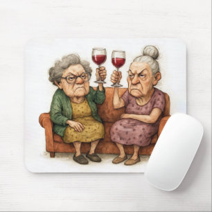 Tapis De Souris Deux vieilles dames grincheuses avec du vin rouge