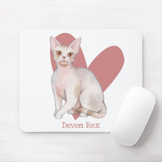 Tapis De Souris Dévon Rex Chat Aquarelle Kitty Coeur rose (Avec souris)