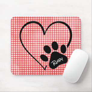 Tapis De Souris Dog Paw Print and Heart on Gingham