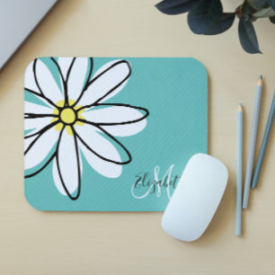 Tapis De Souris Doodle Drawn Daisy White Pink Monogram Cute