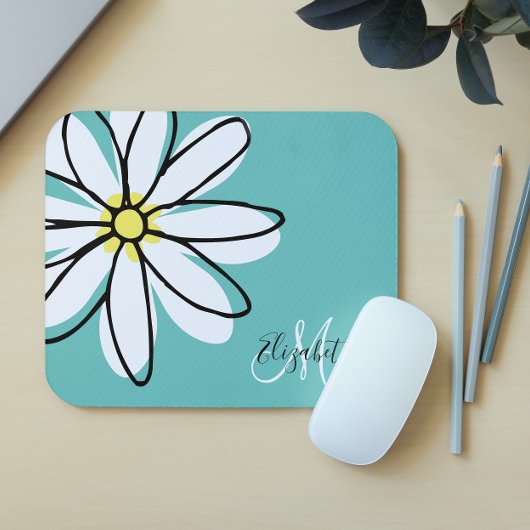 Tapis De Souris Doodle Drawn Daisy White Pink Monogram Cute