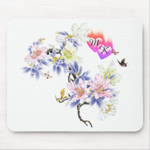 Tapis De Souris Double Monogramme Cœurs Flamboyants avec Fleurs