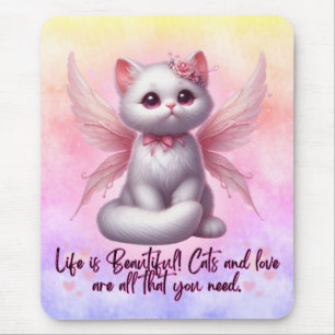 Tapis De Souris Douce petite chatte ange avec des ailes la vie est