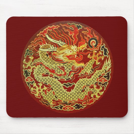 Tapis De Souris Dragon asiatique doré brodé sur rouge foncé (Devant)