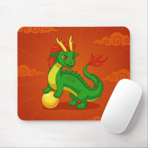Tapis De Souris Dragon Chinois Vert sur Fond Rouge