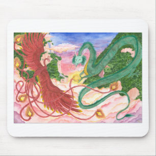 Tapis De Souris Dragon et Phoenix de coucher du soleil de forêt